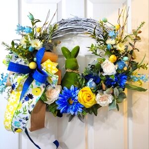 Floral Easter Wreath with Blue and Yellow Accents